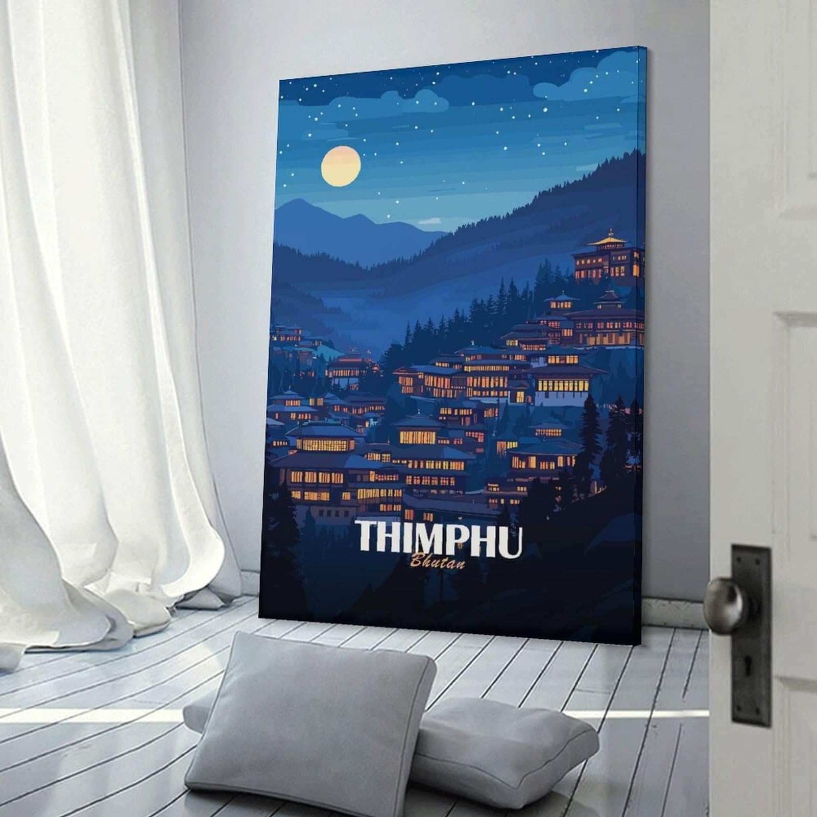 Junmoney Thimphu, Bhutan Nightscape Illustration Room Decor Wall Art, 20x30inch(50x75cm), for Bedroom Walls, Guest Spaces Or Lounges, Stylish Decor for A Restful Room Update