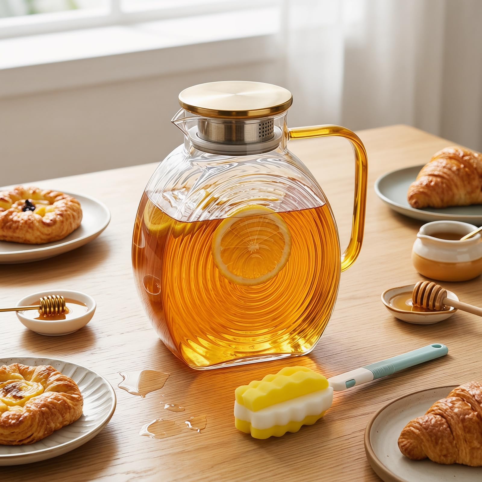 2 Liter Karaffe aus Glas mit Deckel, Borosilikatglas mit Griff, Wasserkaraffe für Kühlschranktür, Glaskaraffe für Heiße/Kalte Getränke, Wasserkrug - Eisteekrug, für Wasser, Eistee, Saft