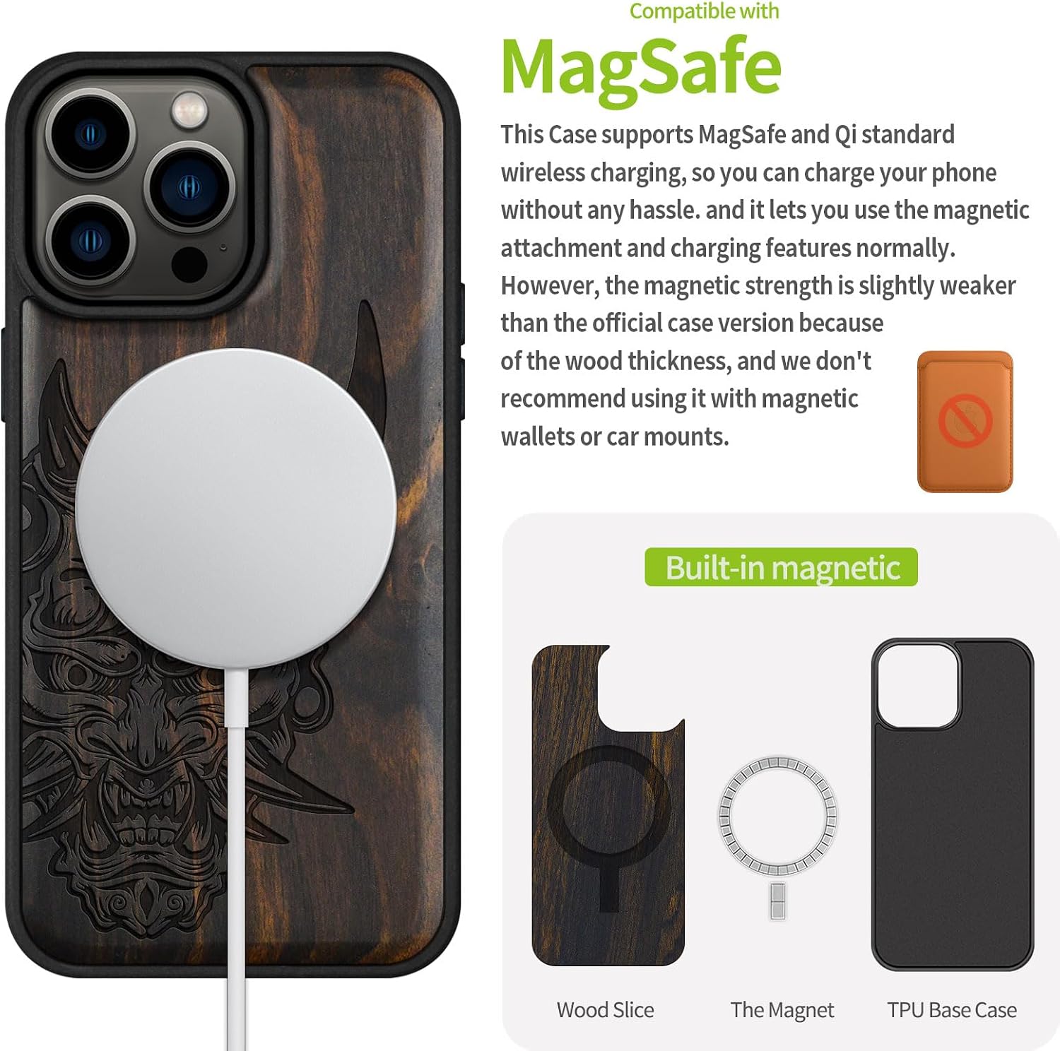 Carveit Magnetic Wooden Case for iPhone 15 Pro Max Case, Compatible with MagSafe Wireless Chargers, Black Soft TPU Shockproof Cover & Wood Artisan Engraved (Japanese Oni Mask) - Blackwood