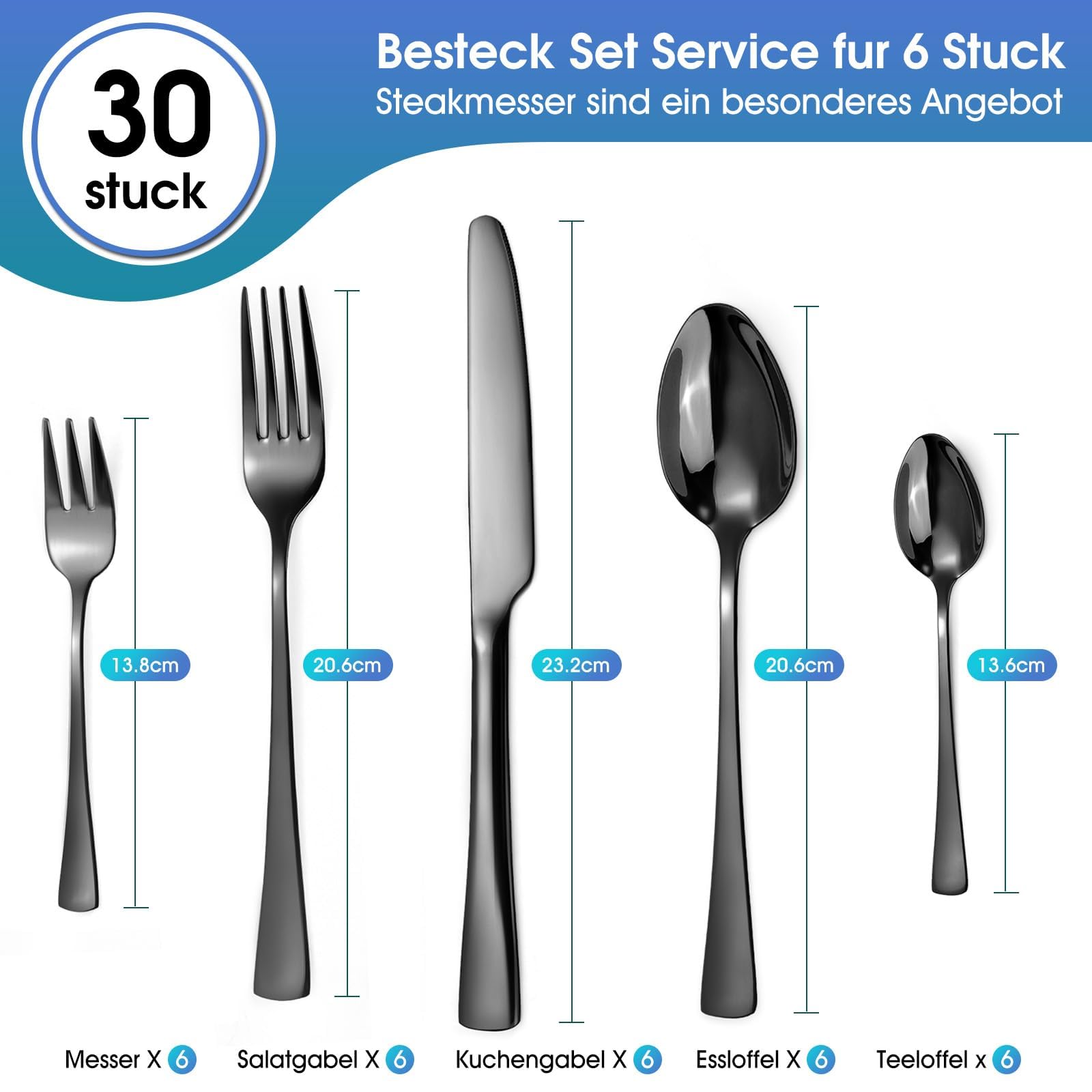 Targizer Schwarz Besteck Set 6 Personen,30 teilig Besteck aus Hochwertiges Edelstahl,Schwarz Besteckset mit Messern, Gabeln und Löffeln, Hochglanzpoliert und Spülmaschinenfest