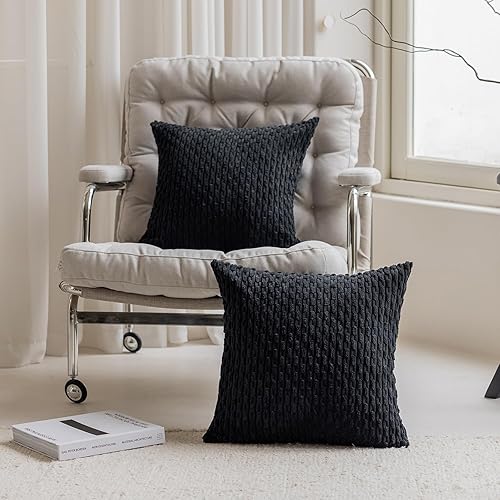 Miniatura 8 de Kevin Textile - Juego de 2 fundas de almohada decorativas de terciopelo de pana a rayas sólidas para sofá, 20 x 20 pulgadas, color negro