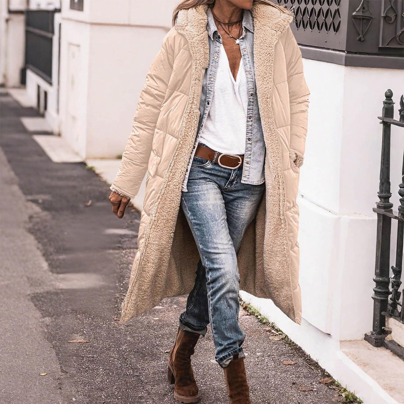 Winter Jackets for Women Long Sherpa Lined Quilted Jacket Oversized Shearling Puffer Jacket Fleece Warm Snow Parkas