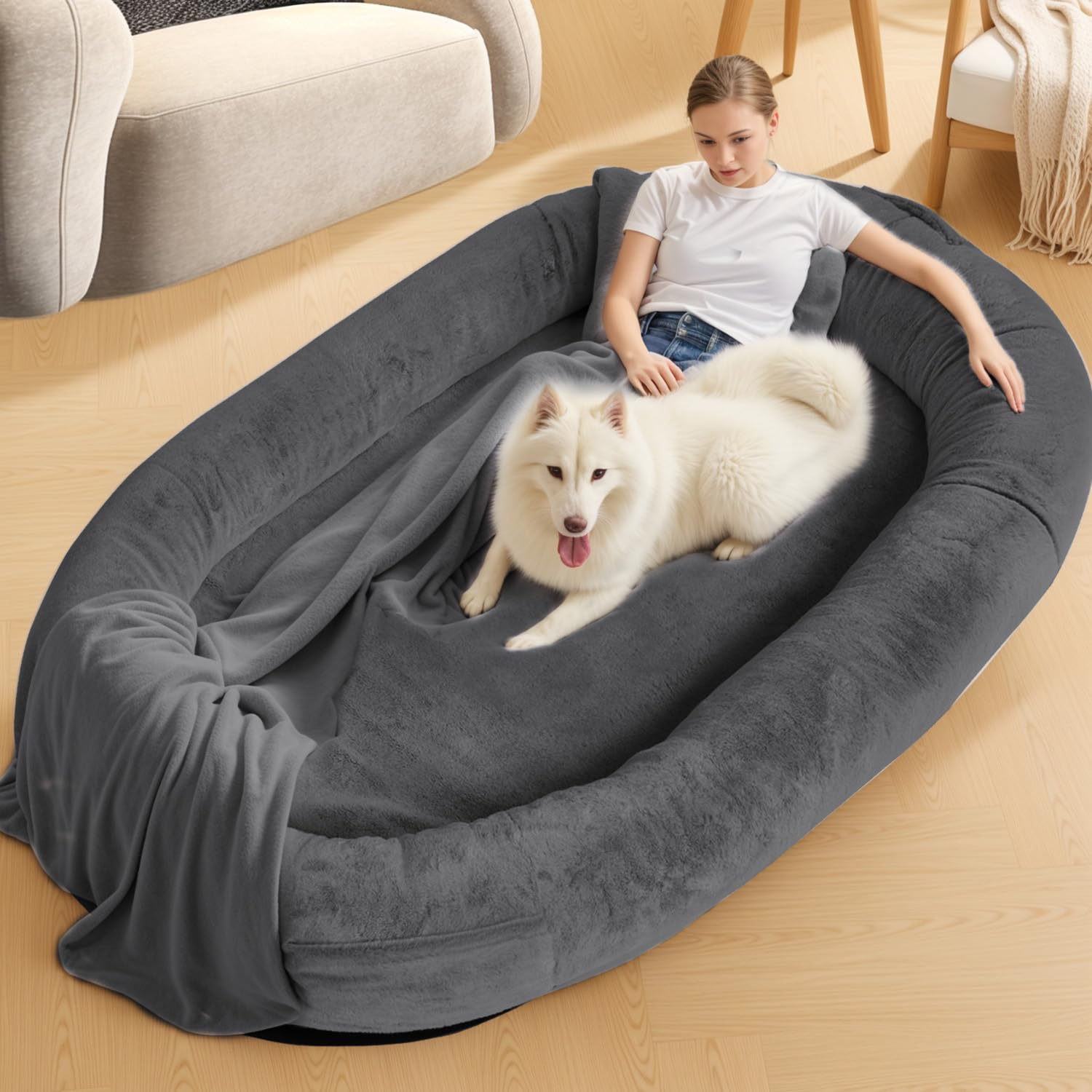 NESTROAD Human Dog Bed for Pets and Adults, 71"x45"x15", Washable Faux Fur Cover with Blanket and Pillow, Extra Large Human Size Beanbag Bed,Dark Grey