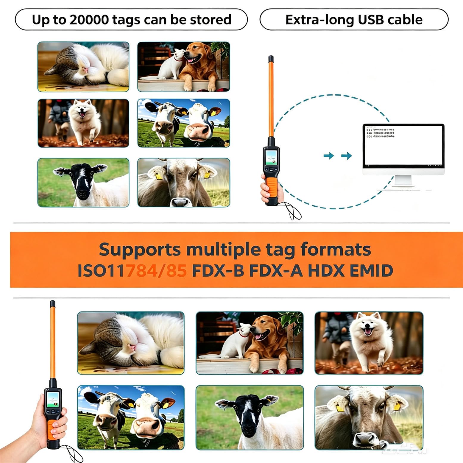 Scanner Portatile per l'identificazione di Animali Domestici con 20000 Dati di Memoria - Schermo LCD di Facile Lettura, Lettore di Chip Universale a 134,2 kHz per Cani, Gatti e Conigli