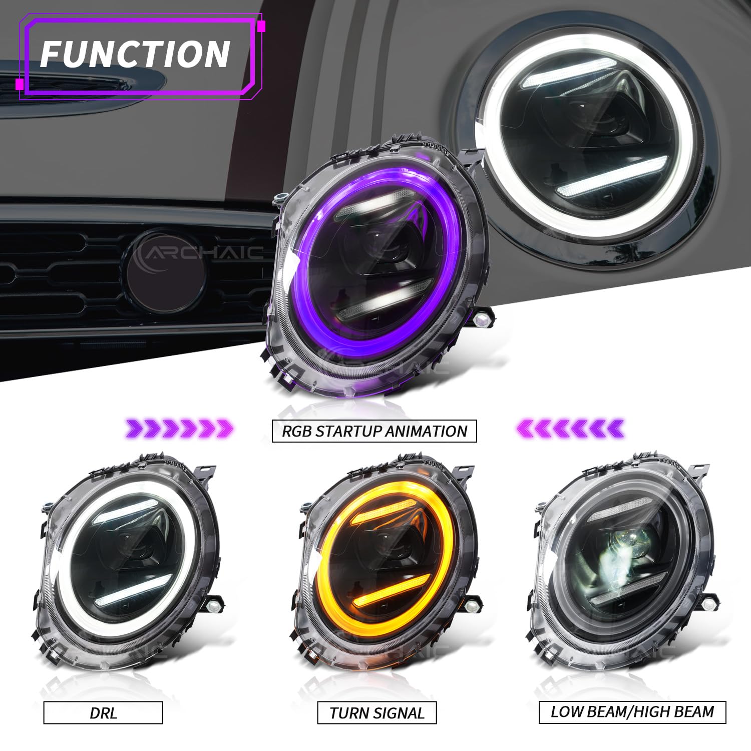 Archaic RGB LED Reflektory kompatybilne z Mini F56 Clubman Cooper F54 F55 F56 F57 F58 F59 JCW 2014-2021, do modeli halogenowych OE z animacją DRL, para