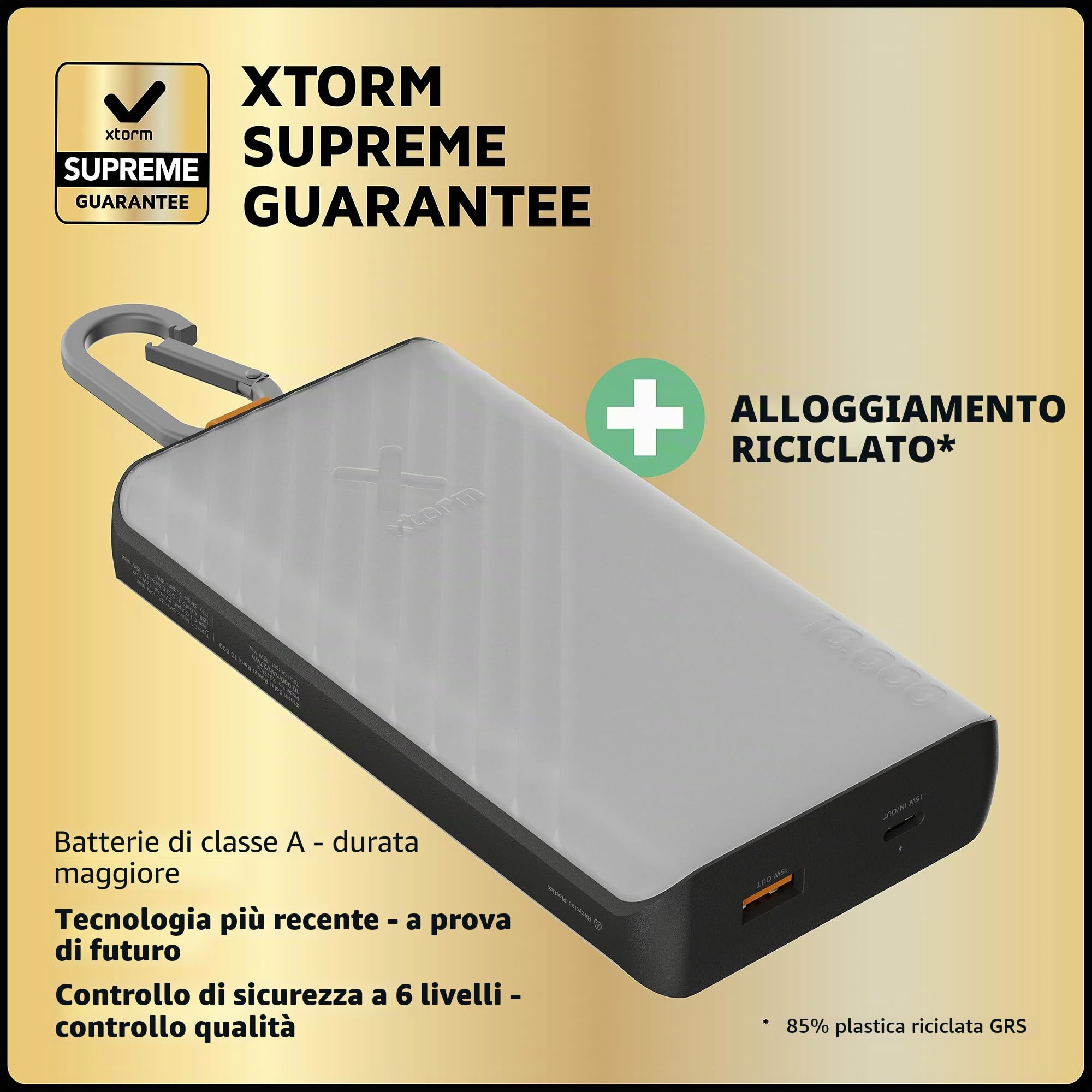 Xtorm Go2 Solar power bank 10.000mAh 15W con moschettone e torcia | Ideale per uso outdoor, trekking, campeggio, porta USB-C e USB-A, pannello solare integrato, cavo USB-C incluso
