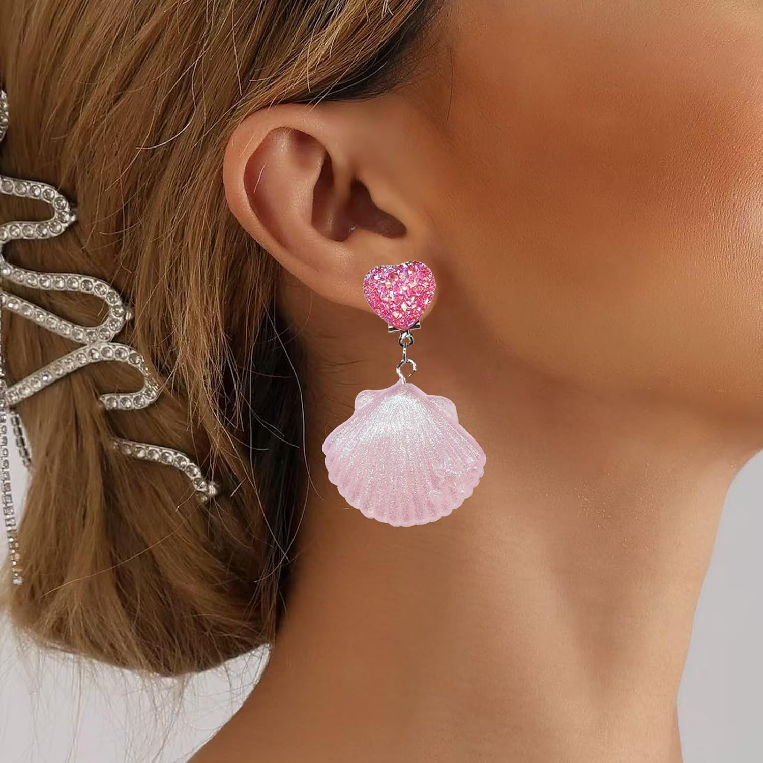 Seashell Mermaid Earrings Shell Clip on Earrings for Women Hawaii Beach Seashell Earring Summer Beach Vacation Outfits for Women Trendy Party Jewelry Accessories - Image 2