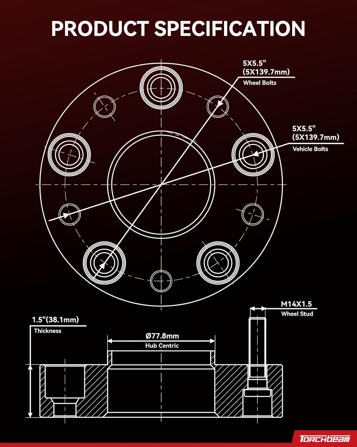 Torchbeam 5x5.5 Hub Centric Wheel Spacers 1.5 inch with M14x1.5 Thread Pitch, 77.8mm Hub Bore, 4pcs Adapters for 1500, 1500 Classic
