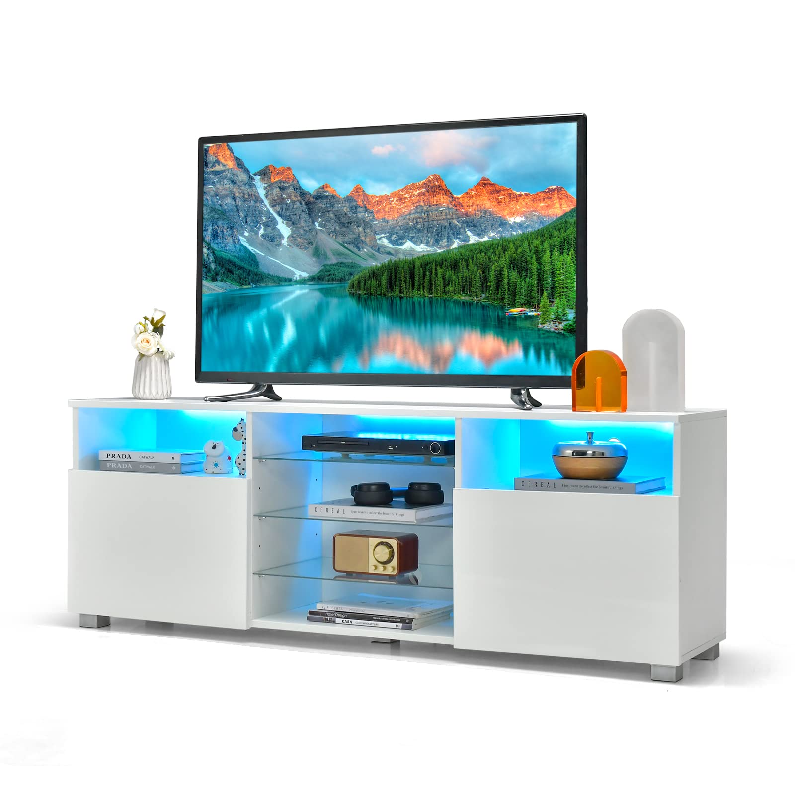 COSTWAY LED TV Stand Cabinet for 65 inch TVs, Wooden Entertainment Center with RGB LED Lights, Adjustable Glass Shelves and 2 Doors, 146cm Console Table Unit for Living Room (White)