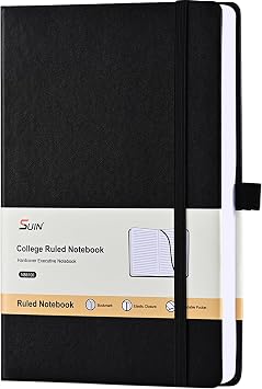 SUIN Lined Journal Notebook, Leather Hardcover Journal for Work, School, Travel, 100 GSM Paper, 160 Pages, 5.5x8.3 Inch, College Ruled, Black, 1-Pack