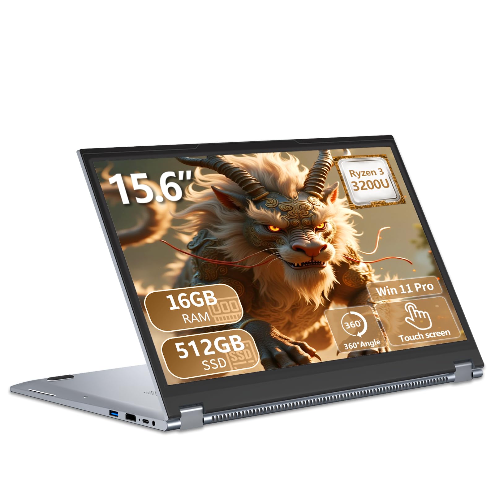 Ordenador Portátil 2 en 1, PC Portátil R3 3200U CPU, Win 11 Portatil 16 GB RAM 1TB SSD, 15,6 Pulgadas Laptop Pantalla Táctil Giro de 360°, Radeon Graphics GPU, RJ45+TipoC+USB 3.0+Mini-HDMI+Webcam — view 8