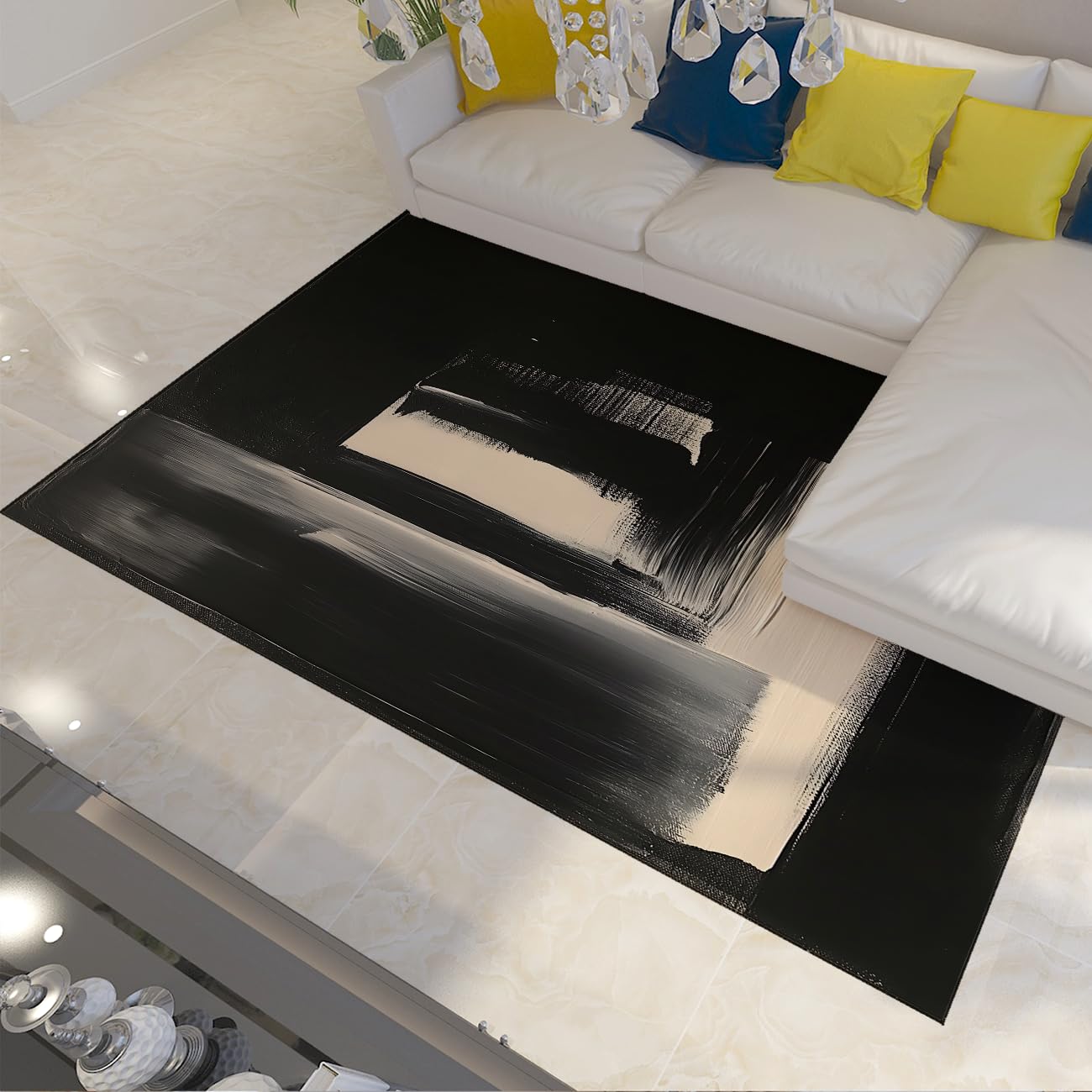 Tapis Antidérapant 160x200cm Expressionnisme Abstrait Noir et Blanc Moquette