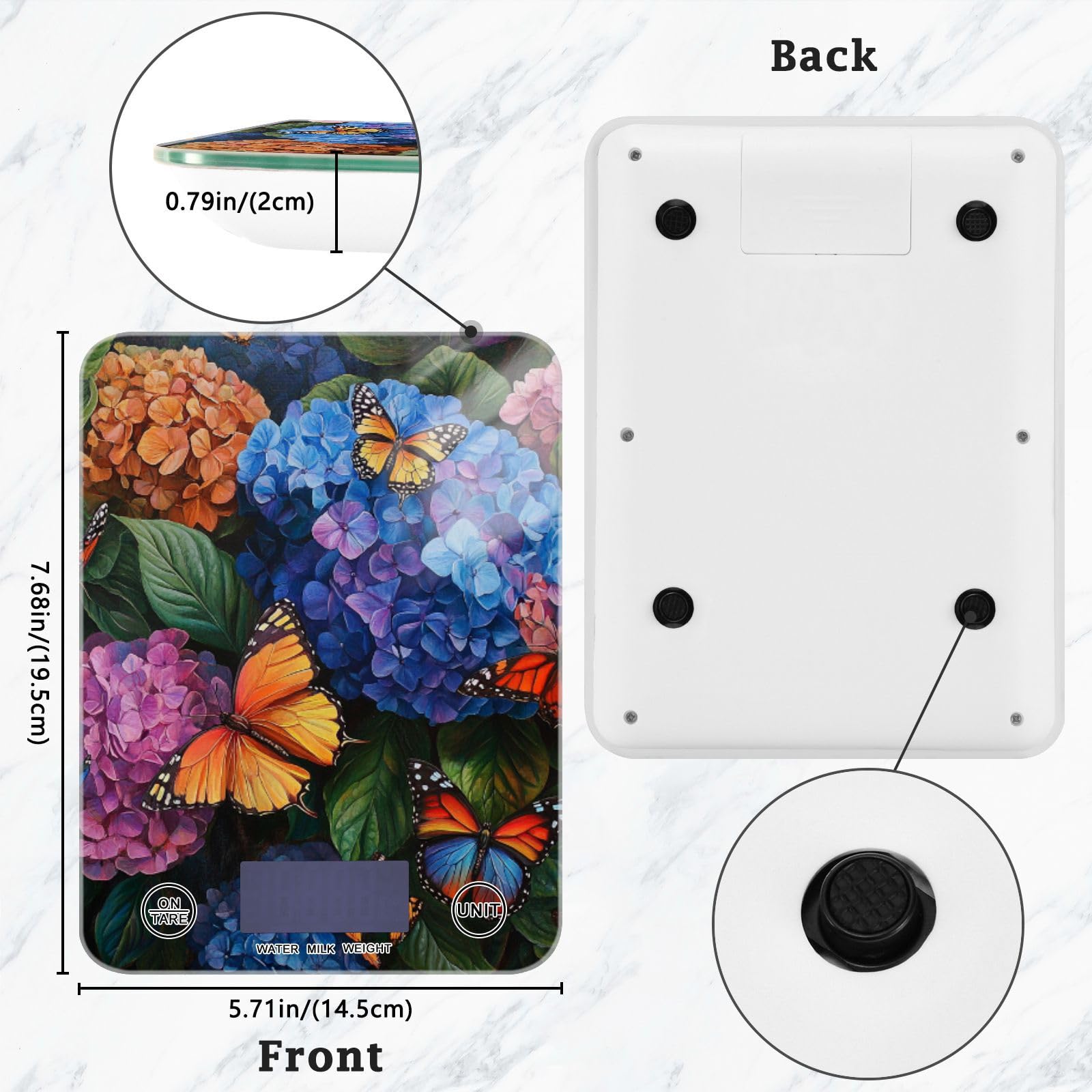 QwThum Food Scale Kitchen Digital Scale Food Ounces and Grams Dieting Baking Cooking Waterproof Glass Panels LCD Display,4 Units Scale Tare Function Hydrangea with Butterfly