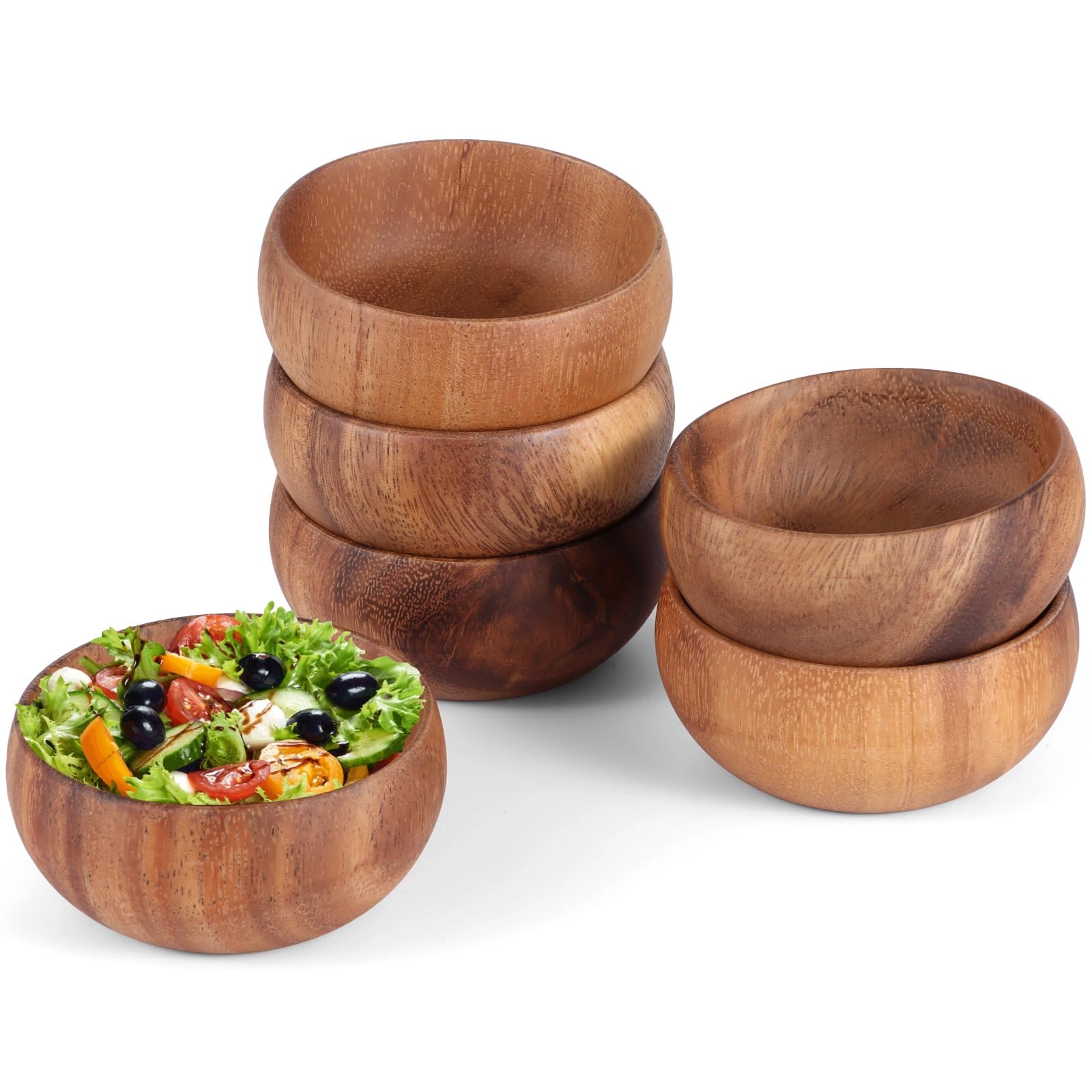 6 Pcs Rustic Small Wooden Bowls - Acacia Wooden Bowls for Food, 3.1 in Bowllet Dinnerware for Serving Salad, Dessert, Snacks, Elegant Kitchen Decor, Housewarming Gifts
