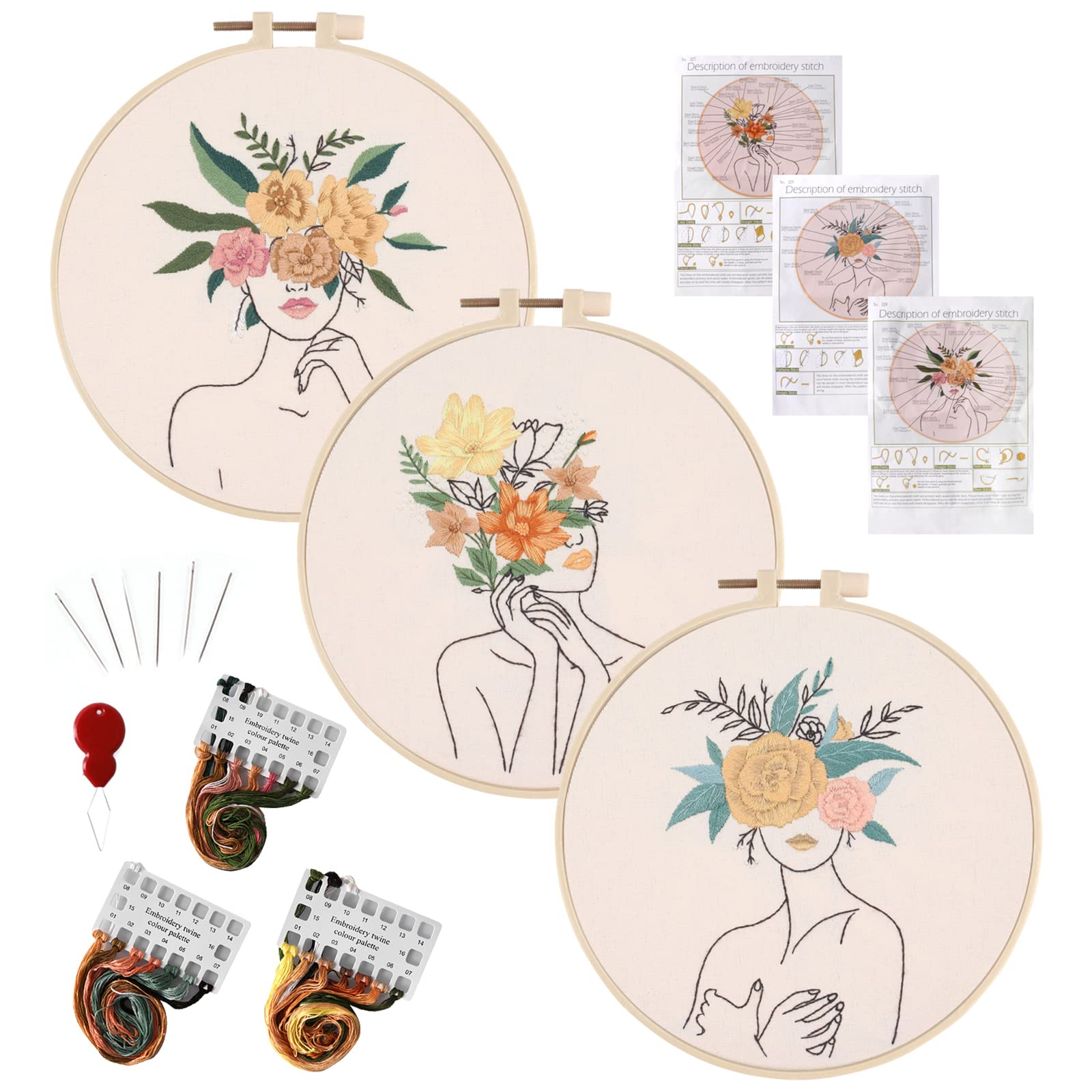 Embroidery Starter Kit for Beginners with Pattern, Stamped Cross Stitch Kits for Beginners Adults Include 3 Embroidery Fabric, 3 Embroidery Hoop, Threads and Needles