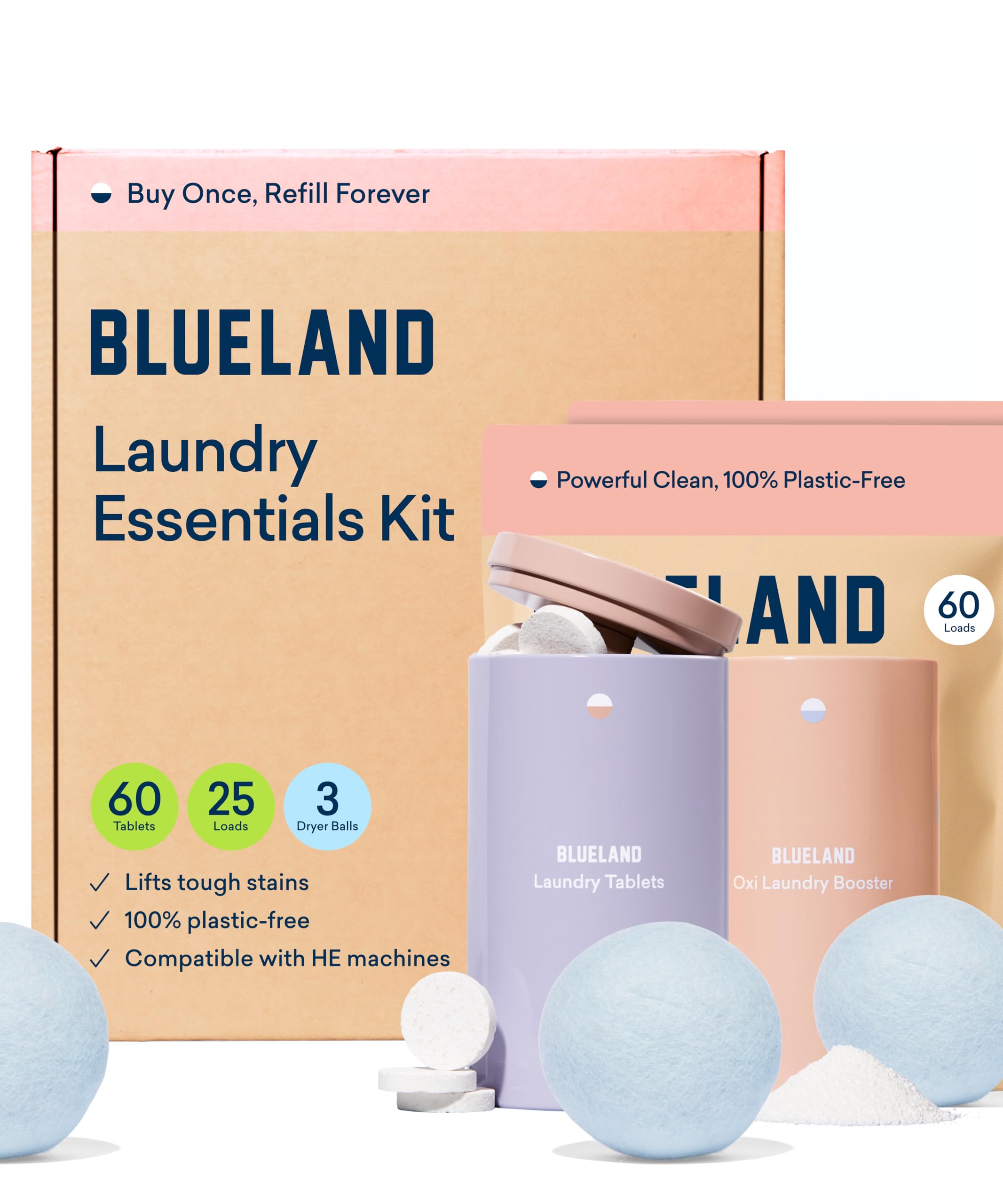 BLUELAND Laundry Essentials Kit, Spring Bloom - Plastic-Free Laundry Detergent Tablets, Oxi Booster, and Reuseable Natural Wool Dryer Balls