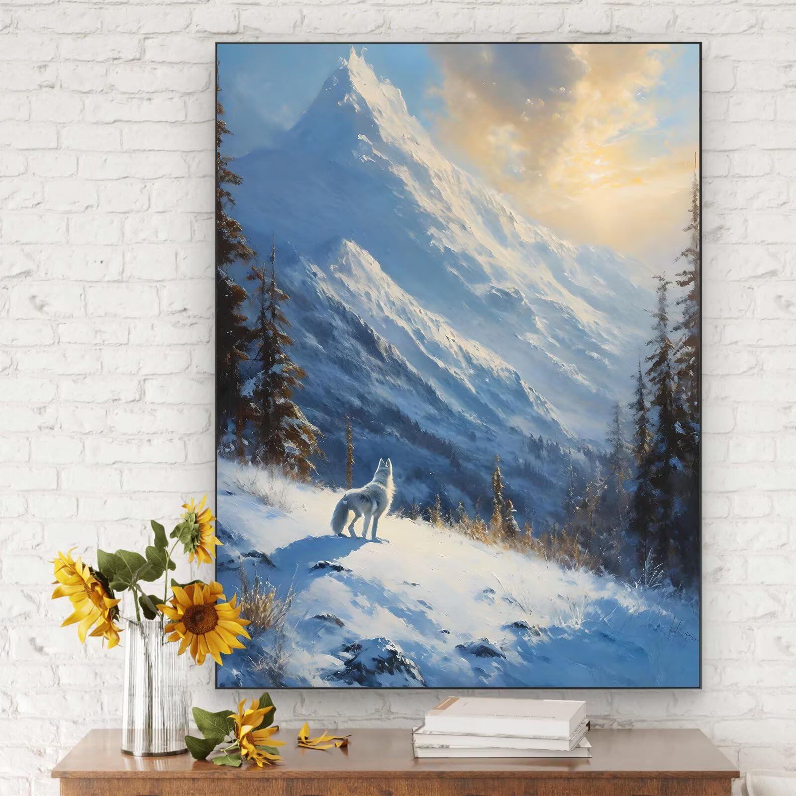 Maluj według numerów wilk, 90x120 cm malowanie według numerów śnieżna góra dla dorosłych, bez ramy, zestaw do malowania olejnego na płótnie z 3 pędzlami, Pigment akrylowy, farba według liczb, prezent