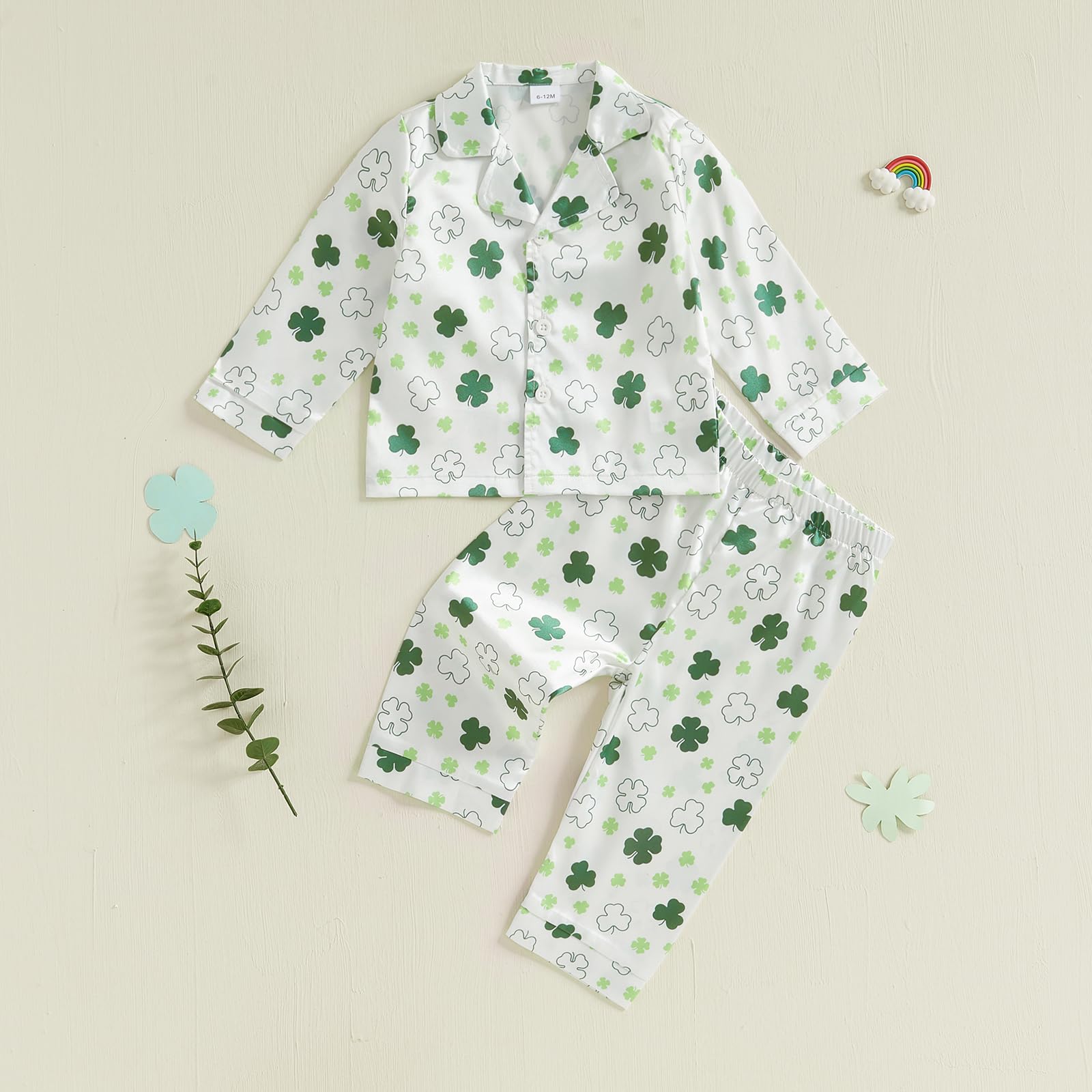 Nokpsedcb Toddler Boy Girl St Patricks Day Pajamas Set Cute Button Down Shamrock Print Shirt Long Pants Kids Sleepwear (White Shamrock, 3-4 Years)