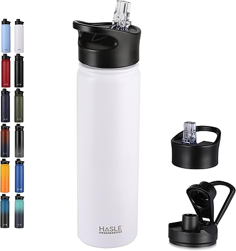 HASLE OUTFITTERS Botella de agua aislada de 22 onzas, botella de agua de acero inoxidable de doble pared de boca ancha con tapa de popote y tapa de