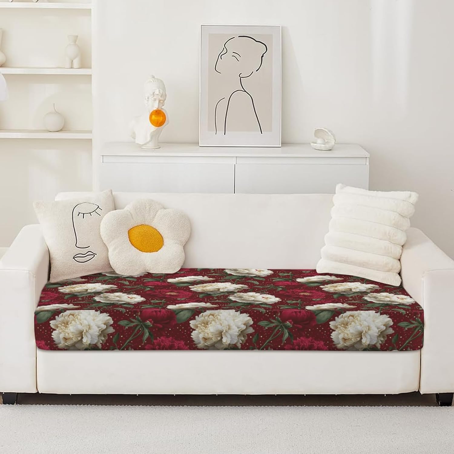 White Peony Gold Loveseat Covers Couch Covers for 2 Cushion Couch, 2-Piece Stretch Sofa Slipcovers Anti-Slip Washable Furniture Protectors for Dogs Pets