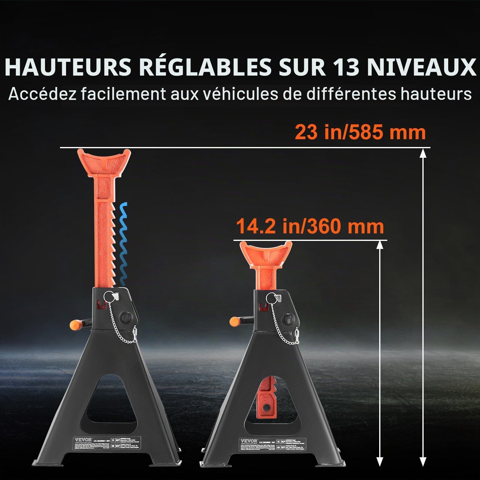 VEVOE 1 Paire de Chandelles de Levage Capacité 6 tonnes Chandelle de Voiture Réglable en Hauteur 360-585 mm en Acier Double Verrouillage Aides pour Soulever des Véhicules Auto SUV Atelier Dépannage