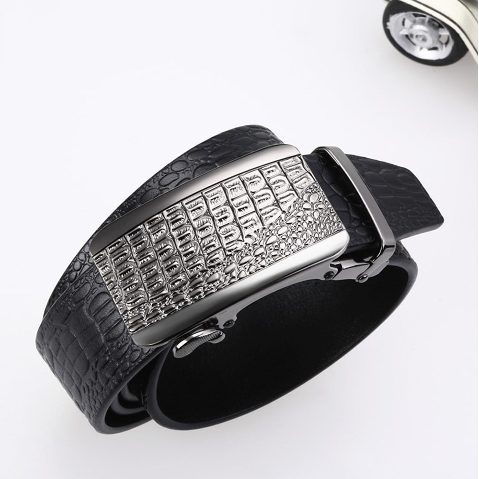 Cinturones Hombre Trinquete, Cinturones de Cuero Genuino Ajustable Negocio, Cinturón Lujo Casual Moda con Hebilla Metal Automática Grabada 3D en Aleación,Negro,120CM/47.3''