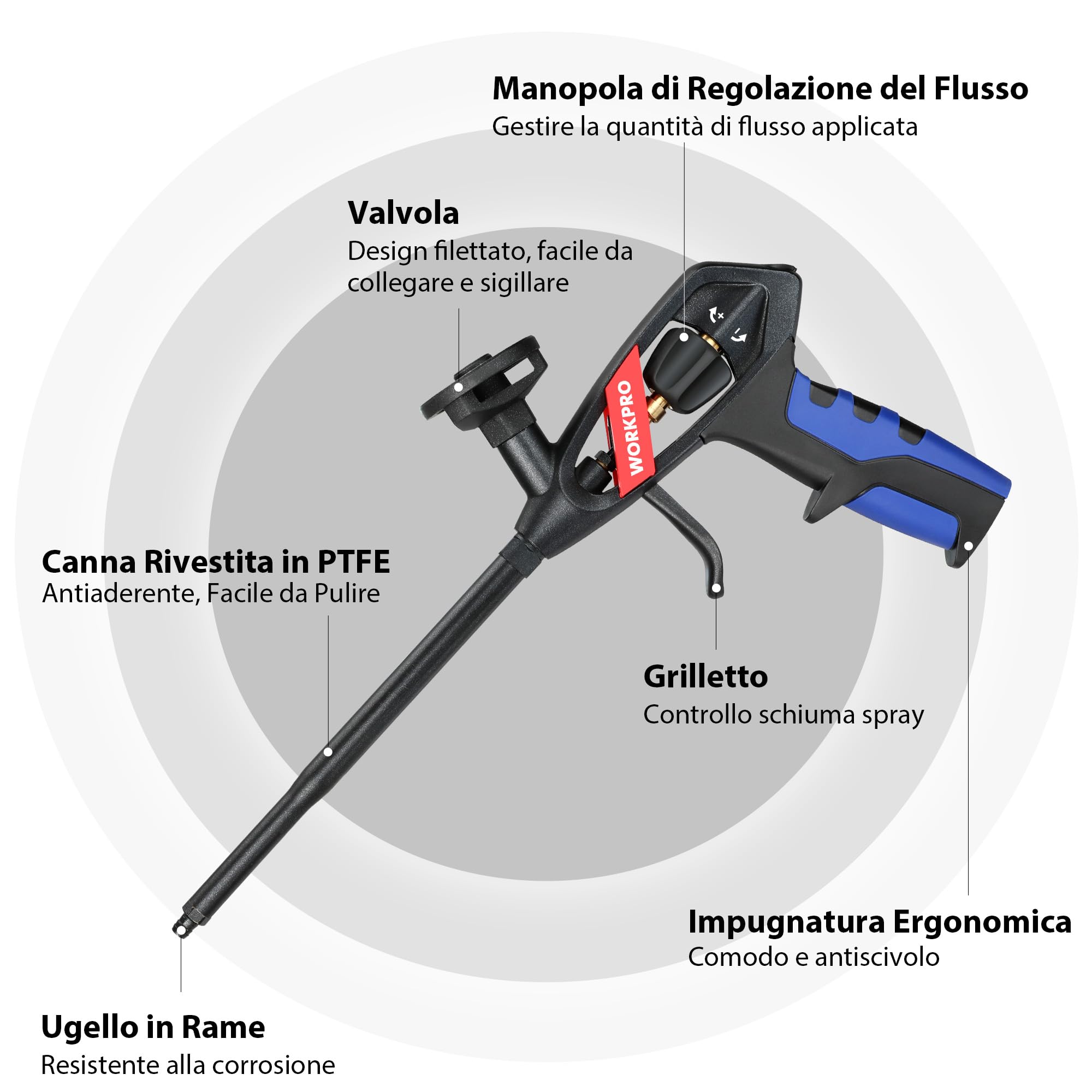WORKPRO Pistola per Schiuma Poliuretanica, Pistola Schiuma Metallo con Ugello in Acciaio Inossidabile ed Impugnatura Ergonomica, per Sigillare, Riempire, Casa e Ufficio