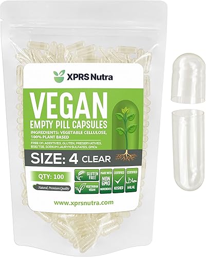 XPRS Nutra Cápsulas vacías tamaño 4 – 100 cápsulas veganas vacías pequeñas – Cápsulas de píldoras vacías vegetarianas transparentes – Relleno