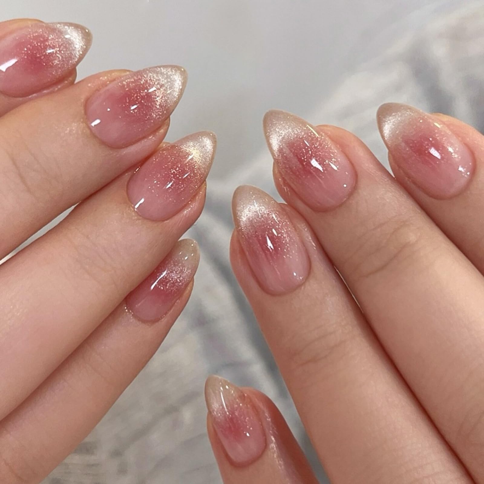 Cat Eye False Nails - 24 Pcs Almond Press On Nails Short - French Glitter Fake Nails With Pink Blush - Glossy Full Cover Glue On Nail - Natural Looking Stick On Nail For Women Girls-picture-56