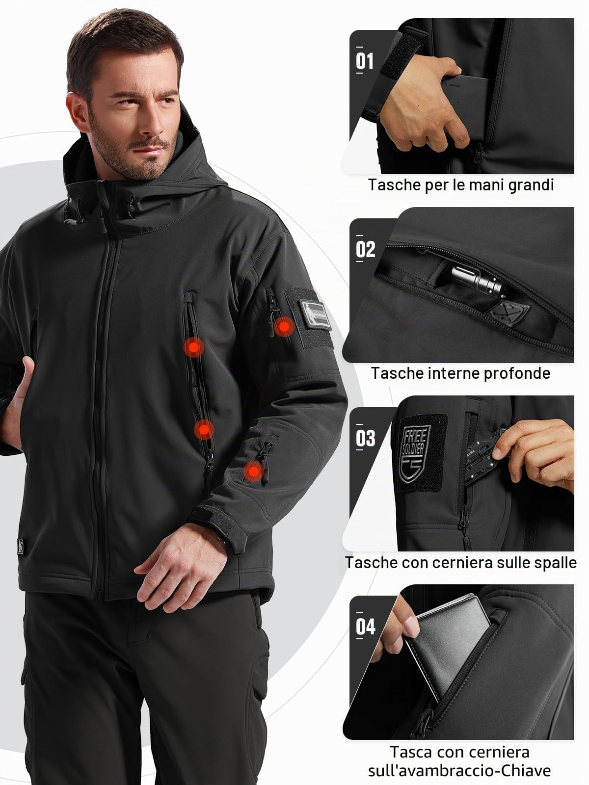 FREE SOLDIER Giacca Softshell Giacche Militari Softshell da Uomo Fodera in Pile da Esterno Giacca Antivento Impermeabile con Cappuccio Giacche tattiche Calde Multitasche per Escursioni di Caccia Uomo