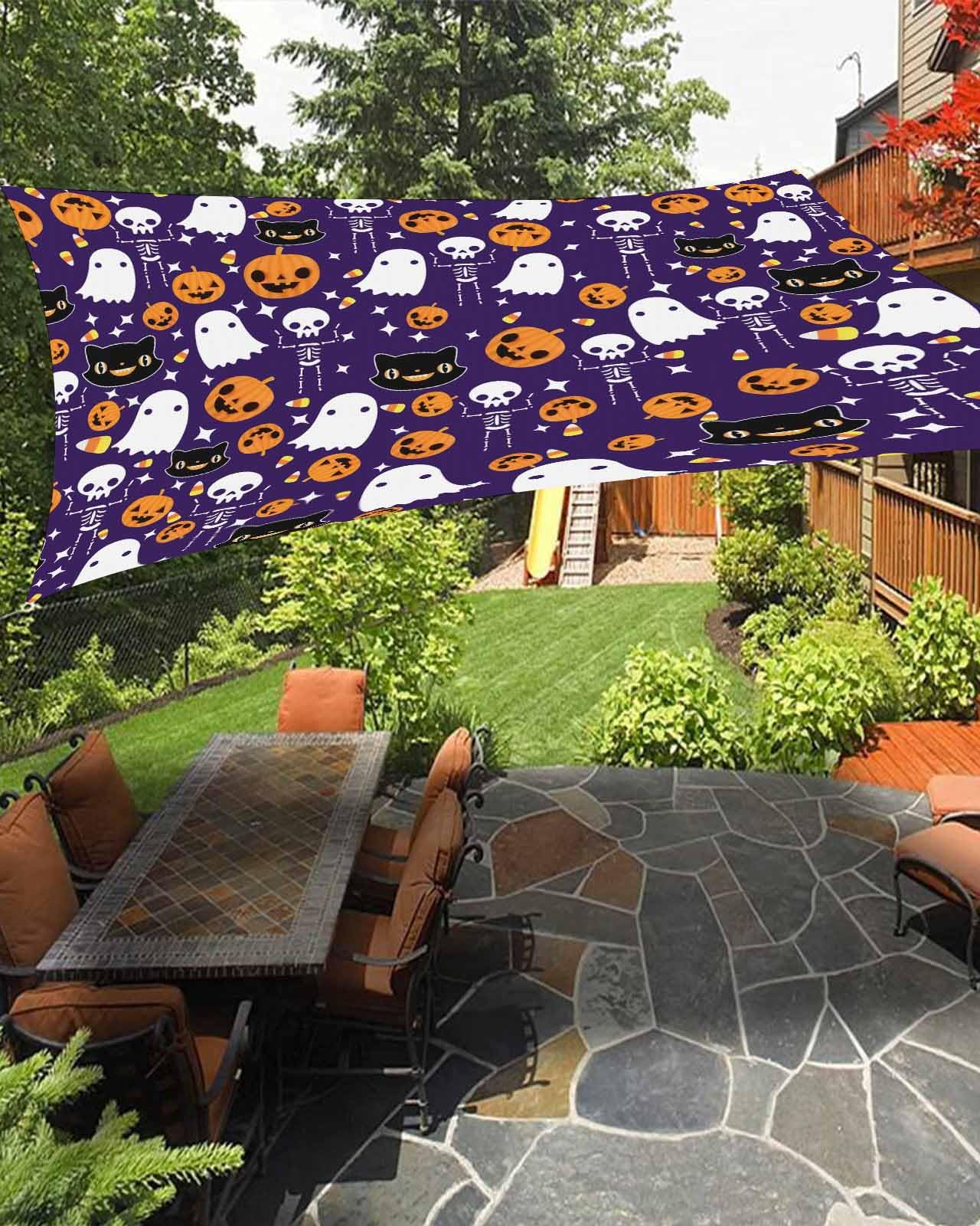 Boanket Sun Shade Sail 6.5' x 10', Halloween UV Block Sun Sails Shades, Orange Pumpkin White Ghost Skeleton Purple Shade Cloth for Patio Deck Terrace Garden Lawns Beach Backyard