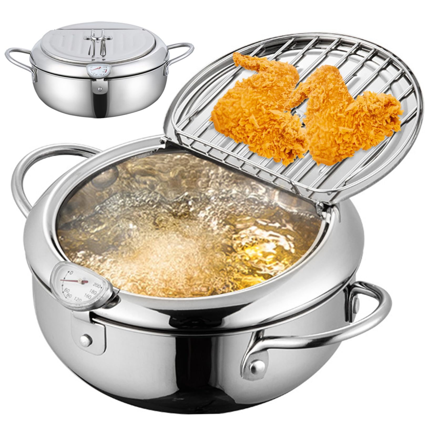 Tsawntd Fryer Pot 2.2 L Stainless Steel Janpanese Tempura Frying Pot with Temperature ＆ Oil Drip Drainer Rack 7.9'' Small Fry with Handles for Kitchen Fish Shrimp French Fries Chicken Fry
