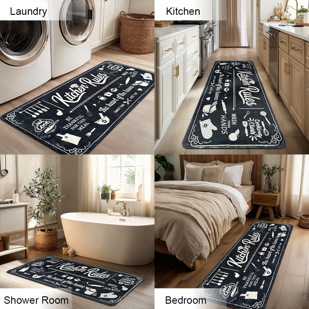 Kitchen Mats 20x47inch High Pile Rug,Thickened Kitchen Rug Kitchen Rules Theme Rugs Waterproof Non-Slip Rugs Comfort Standing Mat for Kitchen, Laundry Room, Farmhouse Home Decor