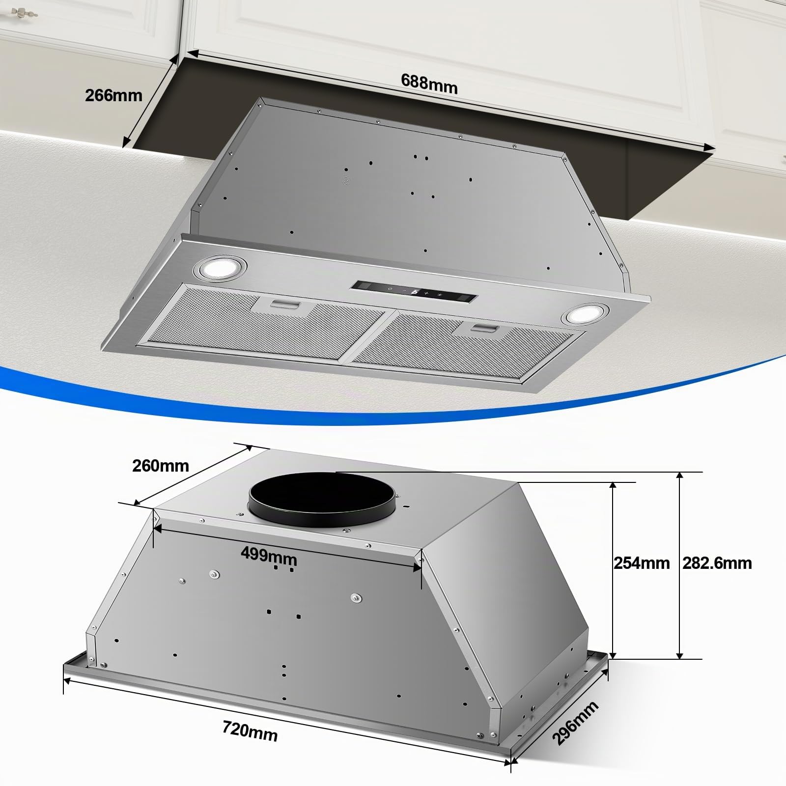 Hotte Aspirante 72cm Encastrable, 400m³/h, Hotte Cuisine, 3 Vitesses & Fonction Booster, Gestuelle, Tactile, Éclairage LED, Évacuation & Recyclage d'air avec filtre à charbon et conduit