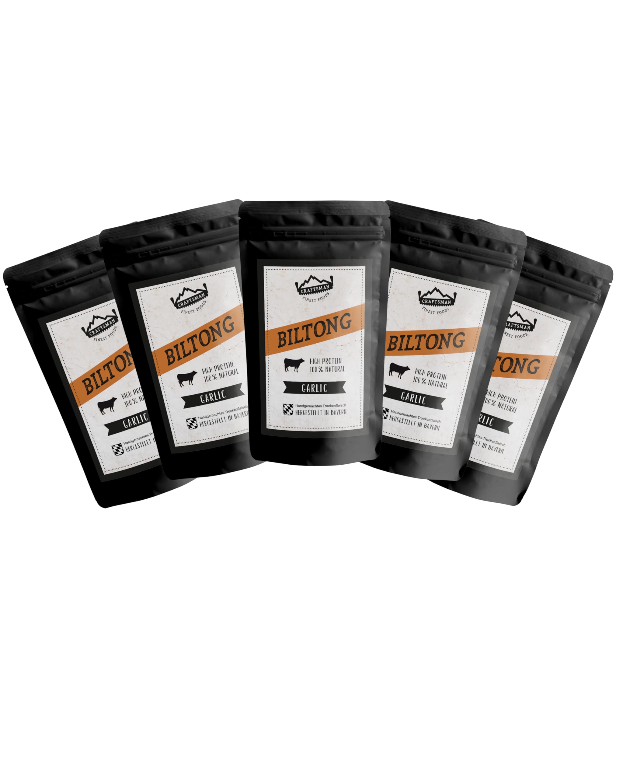 Craftsman Biltong Garlic Trockenfleisch | Beef Jerky Set aus Deutschland - Bayern | Ohne Zucker 100% Natürlich mit Knoblauch (5x 50g Garlic)