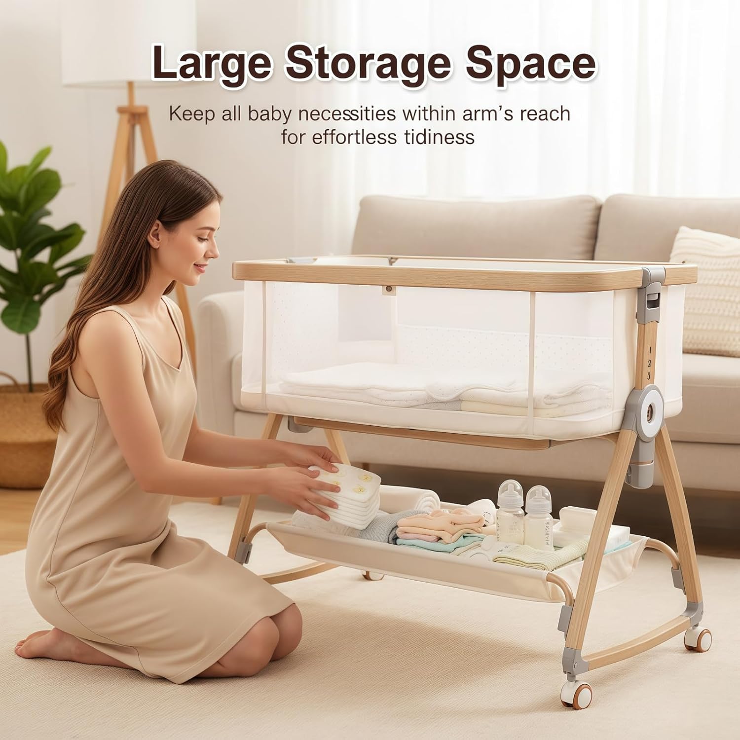 Bassinet Bedside Sleeper,Baby Bassinet,Rocking Bassinet,4-in-1 Full Mesh Quick Assembly Portable Bedside Crib with Mattress,Mosquito Net,6-Level Height Adjustable Bassinet with Travel Bag for Newborn | Breathable material