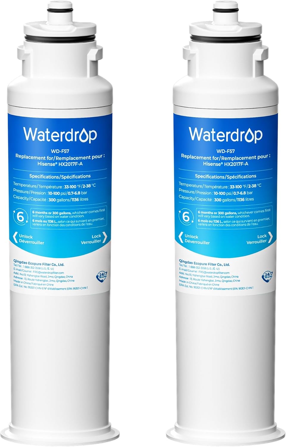 Waterdrop HX2017FR-A Refrigerator Water Filter, Replacement for Hisense® HX2017F-A, HRF266N6CSE1, HRF266N6CSE, HRF209N6CSE, HRF254N6TSE, HRF254N6DSE Twist-In Refrigerator Water Filter, 2 Pack