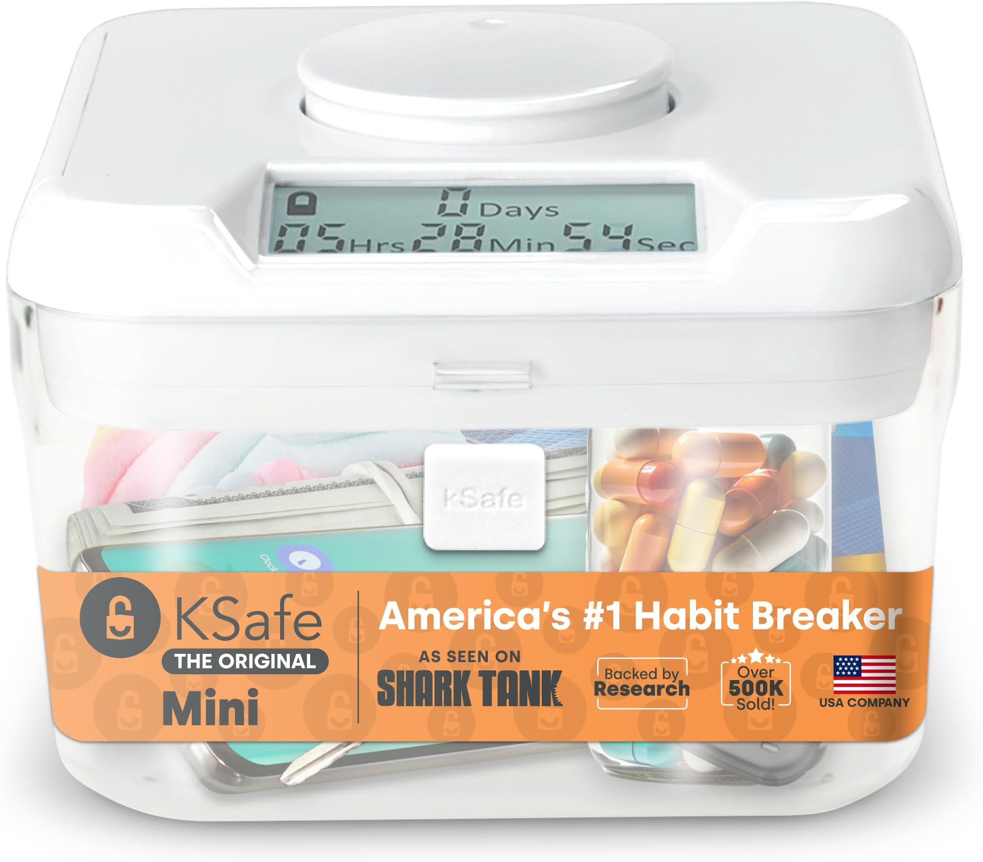 - kSafe Time Locking Container Mini - Habit Control Device, Snack Safe, Tech Lock Box, Medication Timer Box, No Overrides, BPA-Free Plastic, 4.25โ W x 3โ H, White Lid, Clear Base