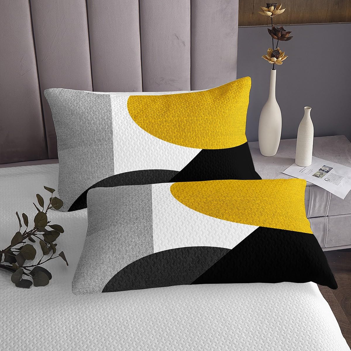 Geometria Juego de colcha Ragazzi Ragazze Giallo Nero Copriletto Per Bambini Cerchio Geometrico Triangolo Modello Trapuntato Copriletto Arte Astratta Trapuntato Decorazione Della Camera240x220cm