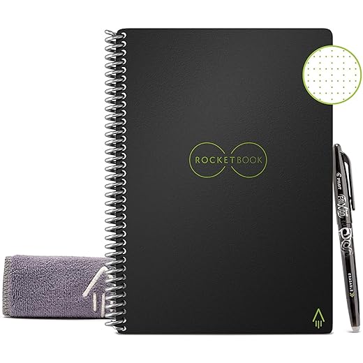Rocketbook Reusable Digital Notebook - Smart Notepad A5 Black, Wirebound Note Book To Do List Pad, Dotted Paper with Frixion Erasable Pen and Wipe, Office Gadget with Rocketbook App Reduce Paper Waste