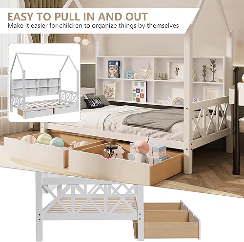 Miniatura 10 de HUMEHA Cama individual para niños, cama de plataforma con 2 cajones, marco de cama Montessori con barandillas y listones de madera, cama de