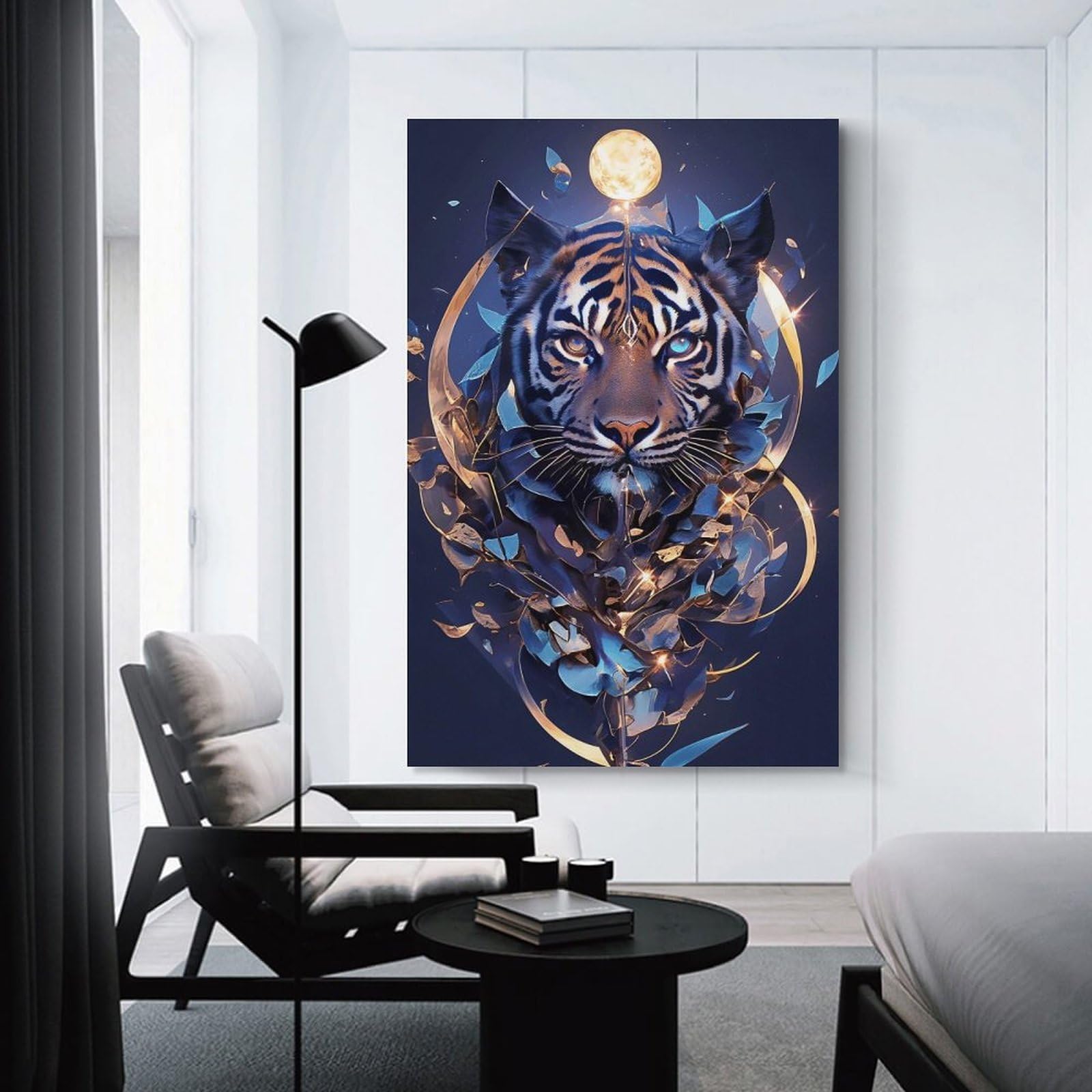 Junmoney Canvas Wall Art Abstract Tiger with Moon, 08x12inch(20x30cm), for New Homes, Bedrooms Or Workspaces, Canvas Artwork with Gifting Potential