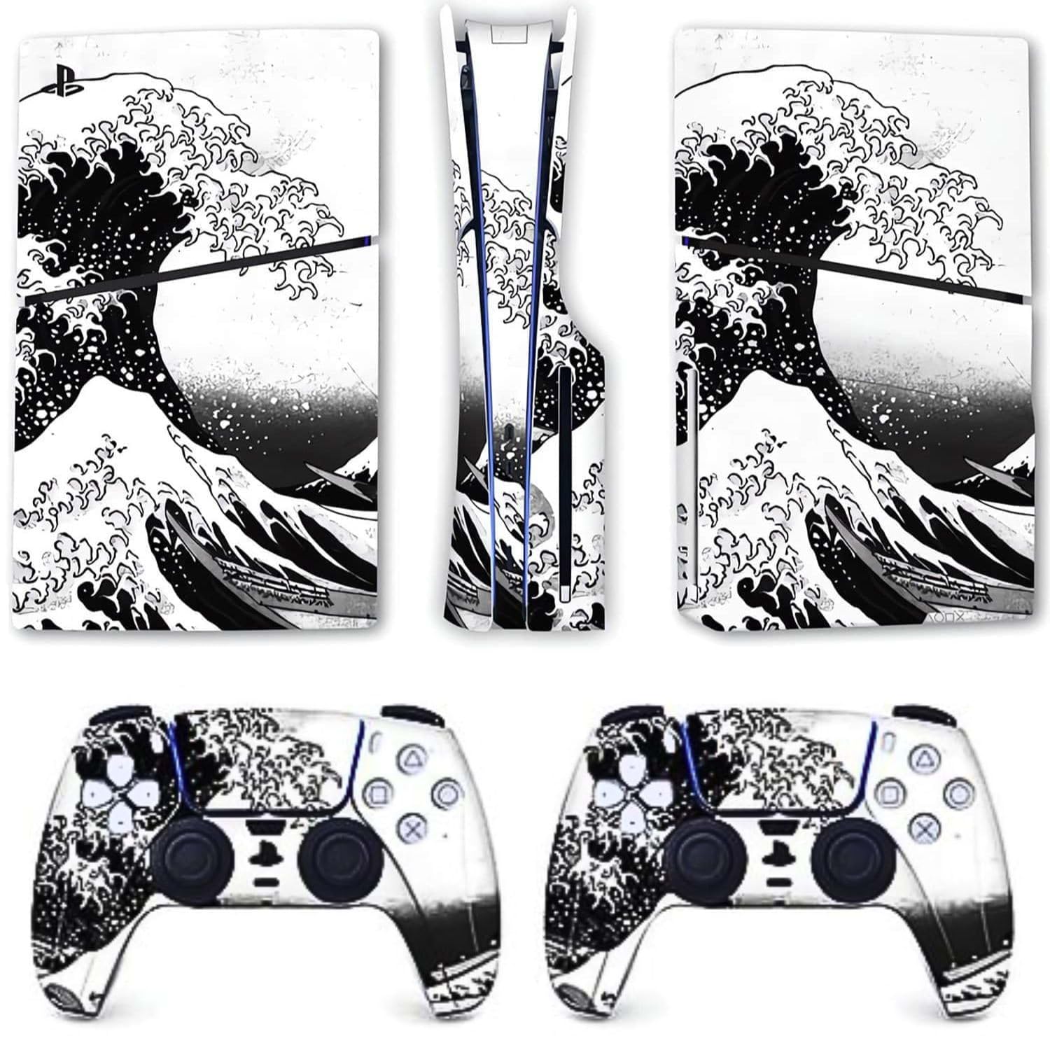 BelugaDesign Wave PS5 Skin | White Black Japanese Anime Great Kanagawa Cute Pastel Vinyl Cover Wrap Sticker Full Set of 2 Controllers | Compatible with Sony PlayStation 5 Slim Disc Edition