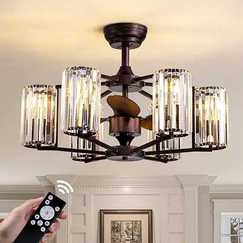 27" Crystal Chandelier Ceiling Fan 6-Light Vintage Flush Mounted Fandelier