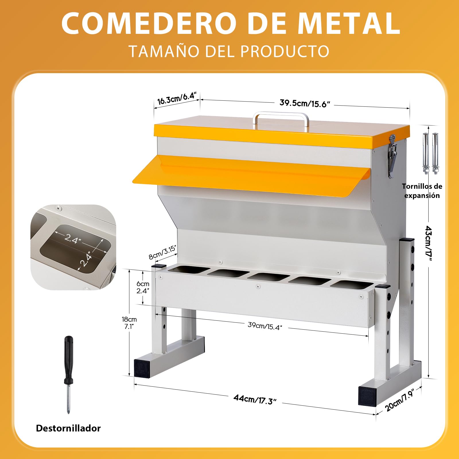 Comedero Automático de Gallinas de Metal de 16 L con Patas, Colgante, Firme | Distribuidor Automático de Alimento para Pollos, Aves de Corral y Patos, 5 Tazones de Pollo, Fácil de Montar y Limpiar