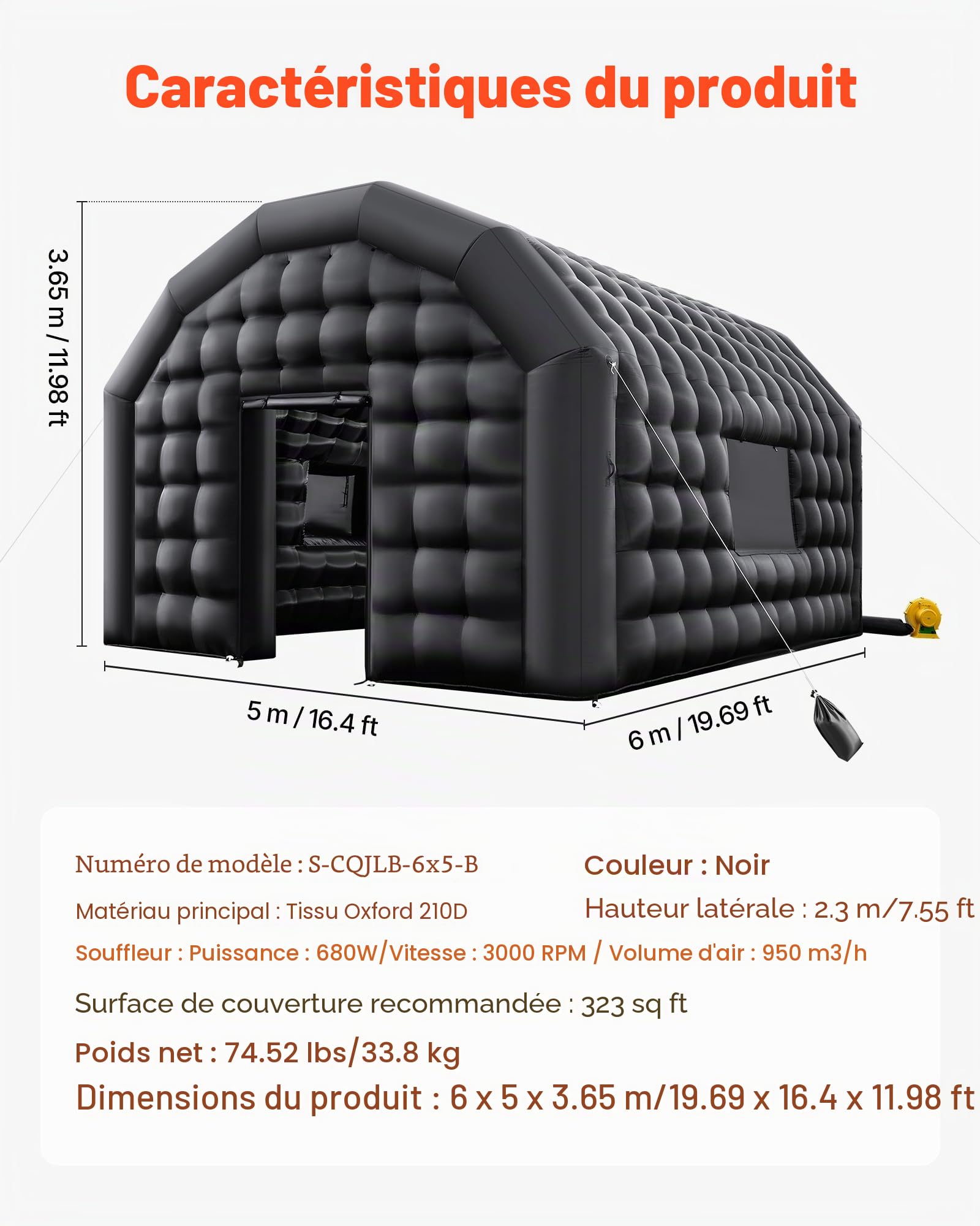 VEVOR Tente de Fête Gonflable, 6x5x3,65 m, Tente Cube Gonflable, Discothèque Boîte de Nuit Club à Gonfler avec Souffleur 680 W, Sac de Sable, 2 Fenêtres, pour Évènement, Anniversaire, Mariage, Noir