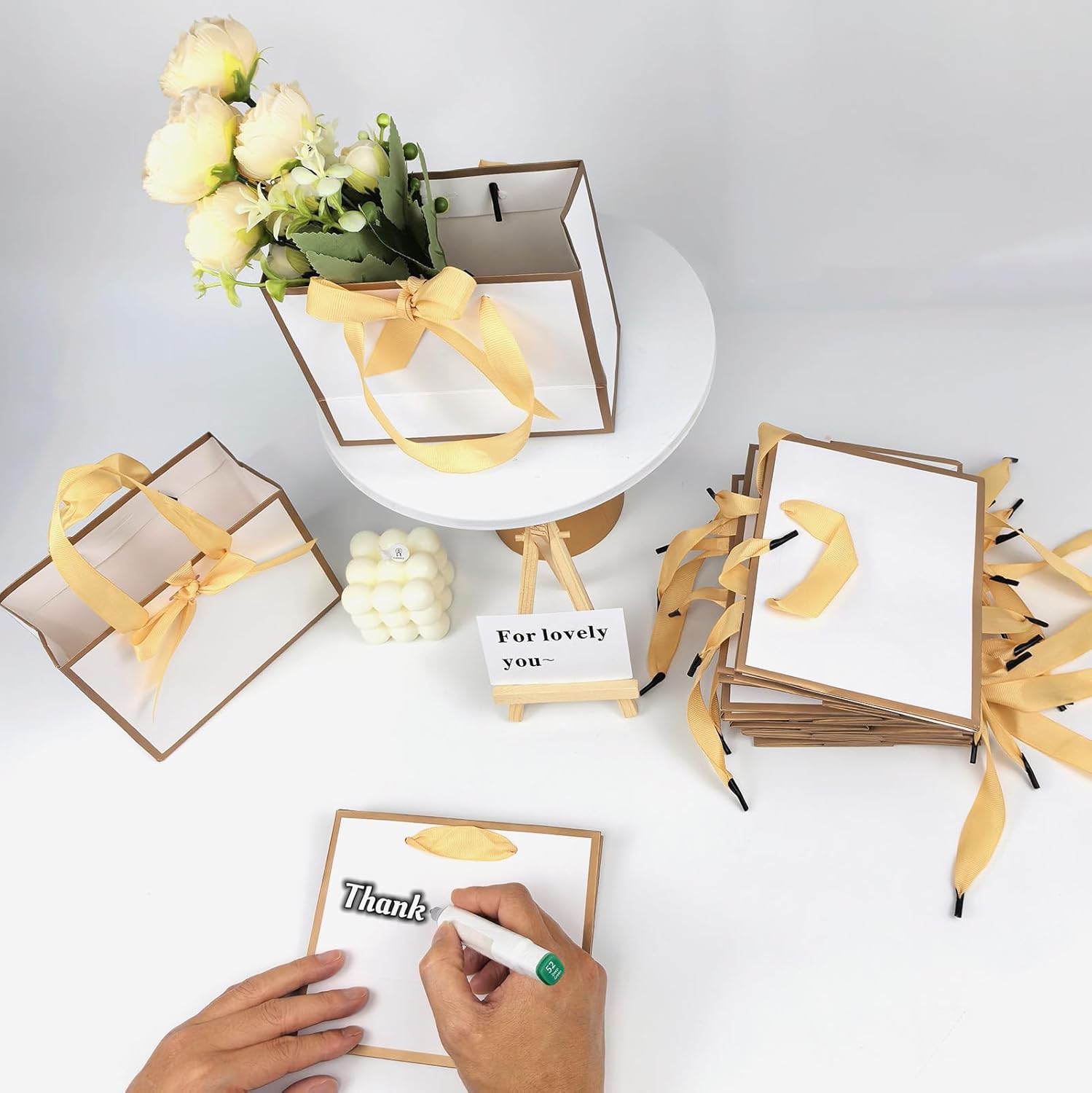 TKSBAG 50 PCS Small White Gold Gift Bags with Bow Ribbon - 6.4x3.1x5.1 Inch Thank You Bags with Handles, Bulk for Baby Shower, Bridal Shower, Wedding, Party Favors, Valentine - Image 5