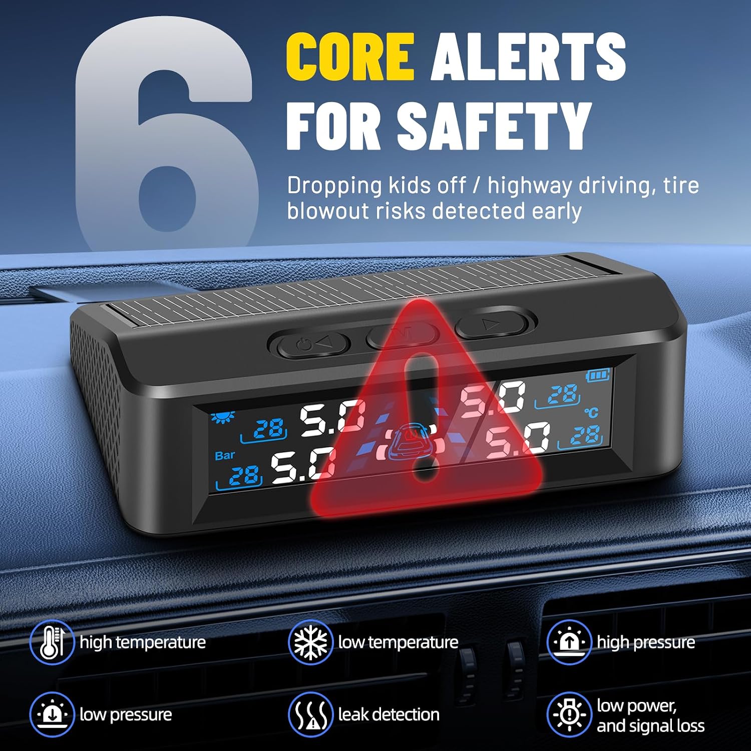 Tire Pressure Monitoring System,TPMS Sensor set of 4, USB& Solar Dual Charging ,6 Alarm Modes & Smart Sleep Wake Up,Dynamic UI Interface & Colorful Display,TPMS Sensor for RV / Trailer / SUV / Campers
