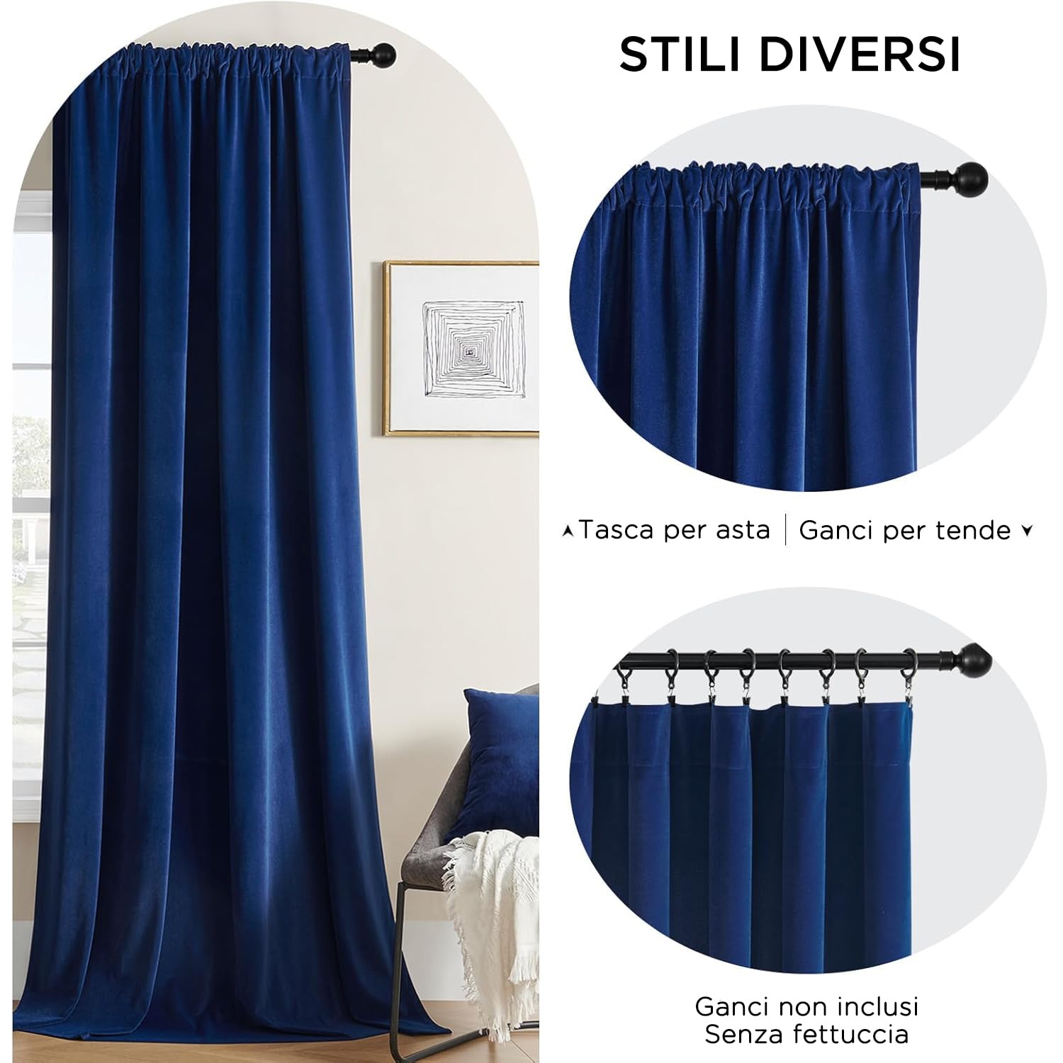 Joydeco Tende in Velluto Oscuranti per Interni L 132 x A 245 Termiche con Tasca 2 Pezzi Anelli Blu Navy