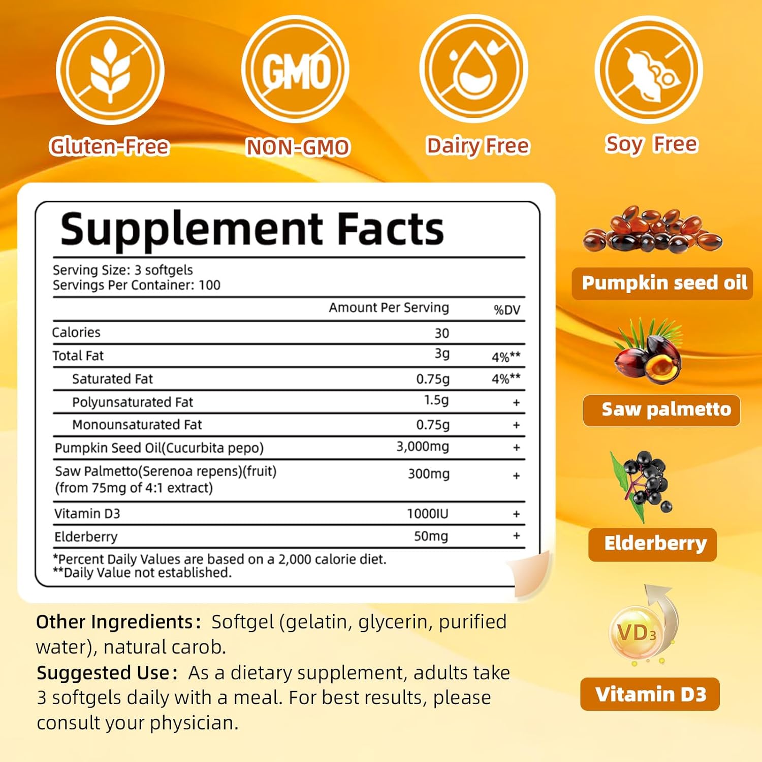 Pumpkin Seed Oil with Saw Palmetto, Vitamin D3 & Elderberry-300 Capsules,Pure Virgin Oil, Essential Fatty Acids & Phytosterols-Supports Prostate Function, Hair Health& Urinary Comfort - Image 7